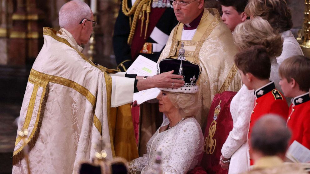 The Archbishop of Canterbury Justin Welby places a modified version of Queen Mary's Crown onto the head of Britain's Camilla, Queen Consort during the Coronation Ceremony inside Westminster Abbey in central London, May 6, 2023 The Archbishop of Canterbury Justin Welby places a modified version of Queen Mary's Crown onto the head of Britain's Camilla, Queen Consort during the Coronation Ceremony inside Westminster Abbey in central London, May 6, 2023
