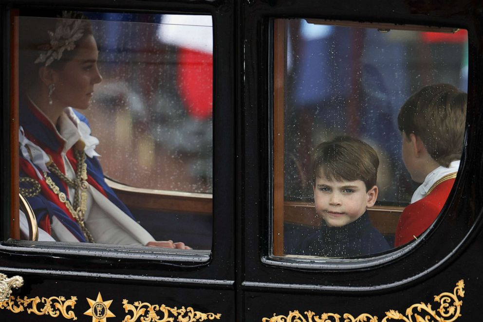 Catherine, Princess of Wales, Prince Louis of Wales and Page of Honour Prince George depart the Coronation service of King Charles III and Queen Camilla, May 06, 2023 in London. Catherine, Princess of Wales, Prince Louis of Wales and Page of Honour Prince George depart the Coronation service of King Charles III and Queen Camilla, May 06, 2023 in London.
