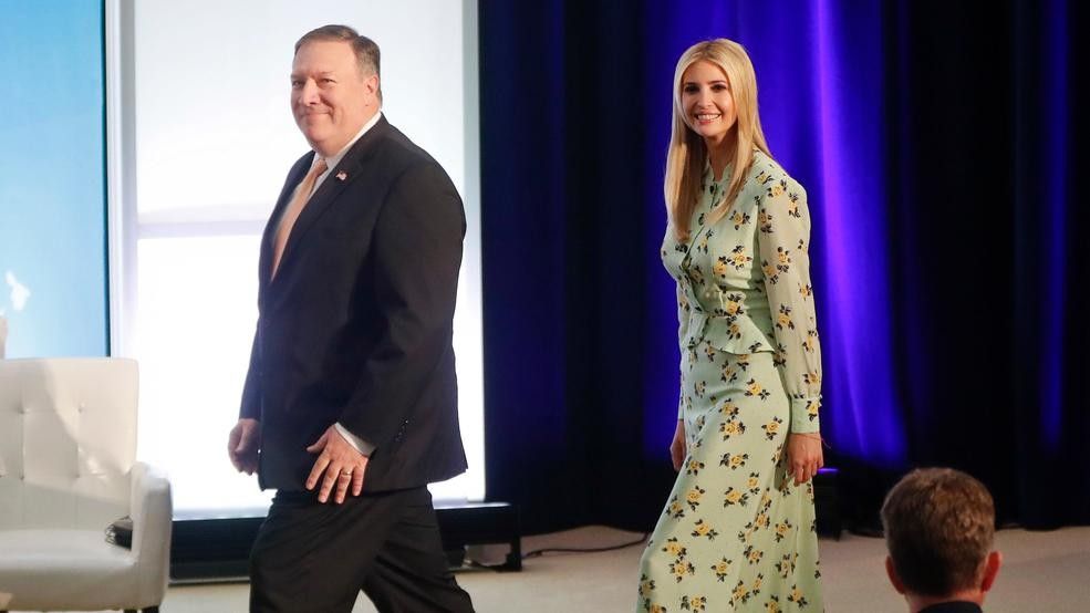 Secretary of State Mike Pompeo, left, walks in with Ivanka Trump, the daughter and assistant to President Donald Trump, during an event to announce the 2018 Trafficking in Persons Report (TIP) ceremony at the US State Department in Washington