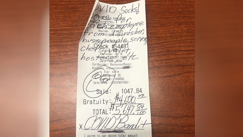 COVID Bandit' strikes again, gives $4,600 tip at Colorado resta - KAKE