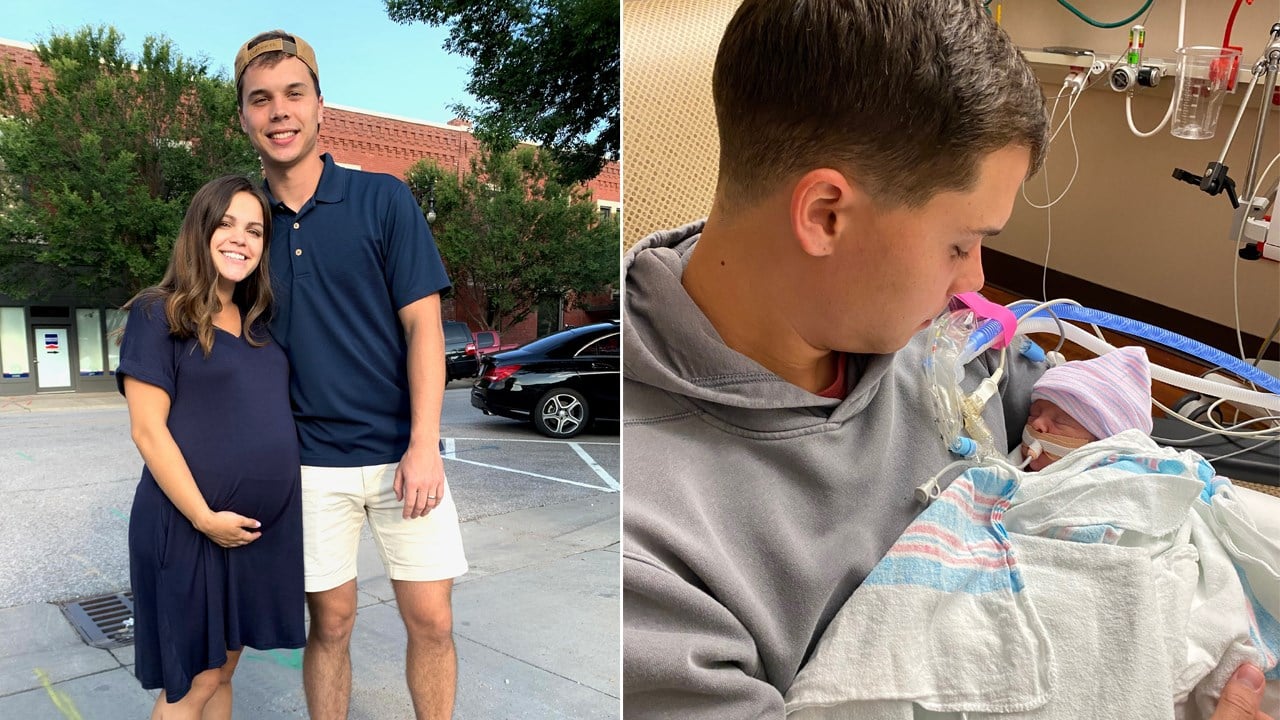 Samantha and Brandon Russell (left) and Brandon with their newborn son. Samantha was killed in a crash in west Wichita that was allegedly caused by a robbery suspect on July 6, 2021. (Photos courtesy of Brandon Russell)