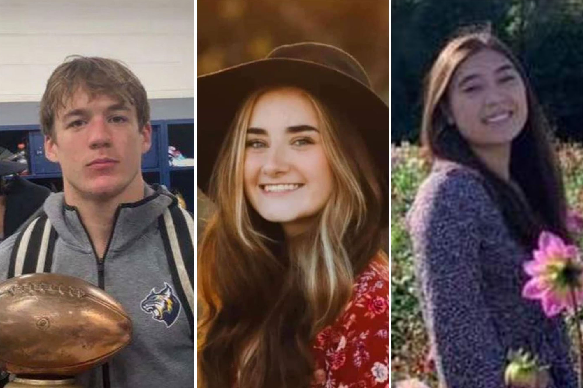 Tate Myre (from left) was a 16-year-old “standout” football player at Oxford High School who died from his wounds in the shooting. Madisyn Baldwin and Hana St. Juliana were also among the deceased victims. (Facebook/Twitter)