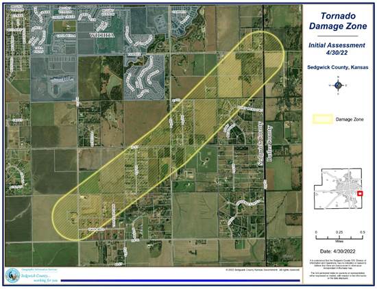 Map identifying the initial path and damaged areas from the Andover tornado