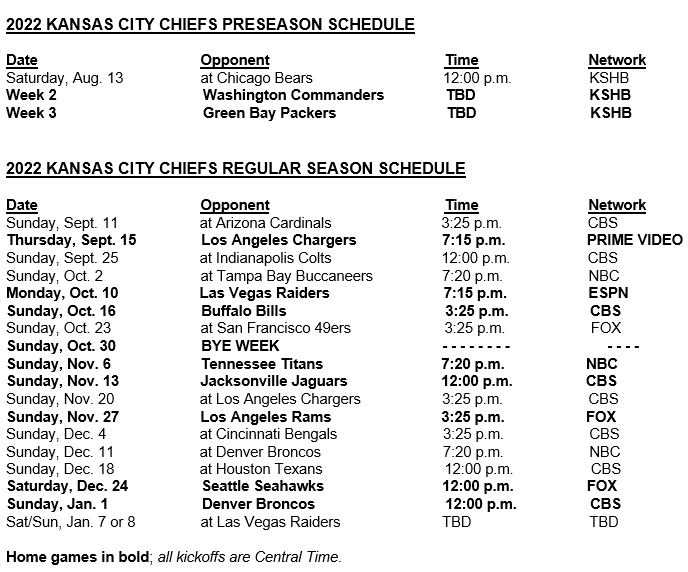 chiefs pregame schedule