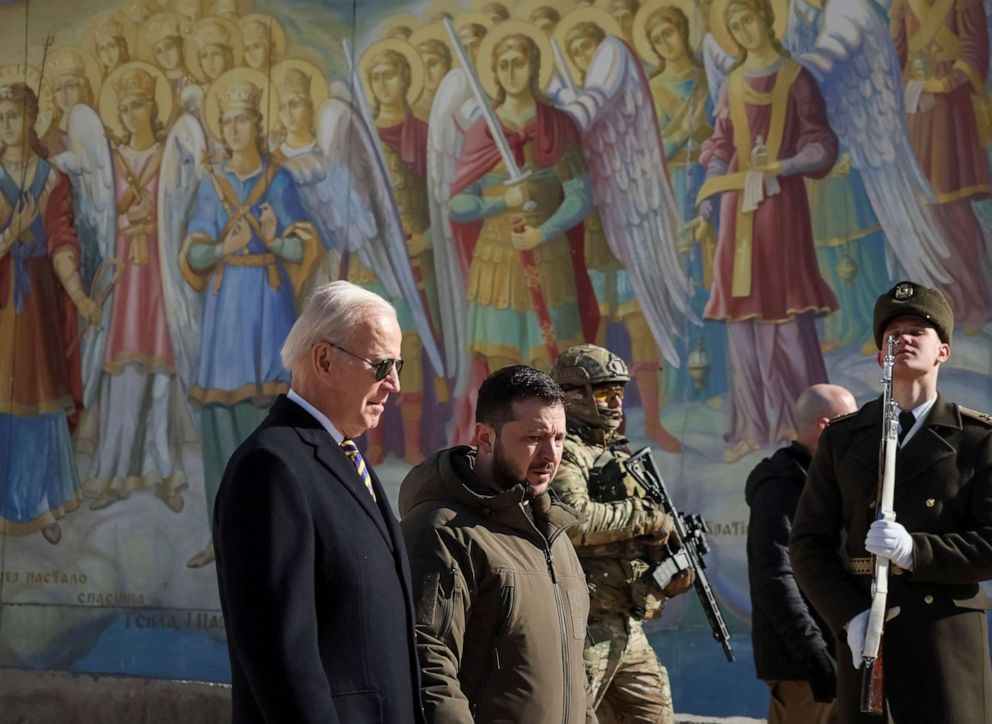 President Joe Biden and Ukraine's President Volodymyr Zelenskyy walk next to Saint Michael's cathedral, amid Russia's attack on Ukraine, in Kyiv, Ukraine Feb. 20, 2023.
