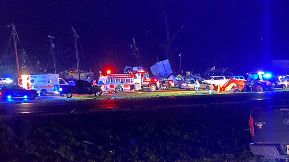 First responder vehicles at the scene where a tornado touched down in Silver City, Mississippi, in a photo shared by the Mississippi Highway Patrol on Friday, March 24, 2023.