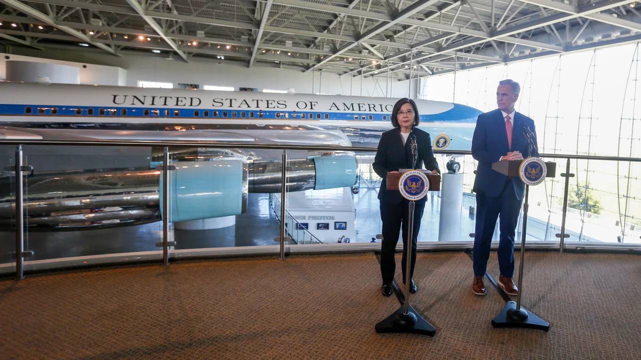 Taiwan President Tsai Ing-wen and US House Speaker Kevin McCarthy at the Ronald Reagan Presidential Library in Simi Valley, California, Wednesday, April 5, 2023.