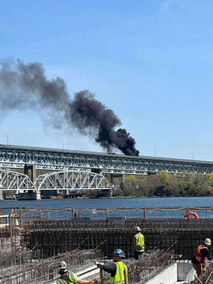 The Gold Star Bridge in Groton, Conn., is shut down after a fuel tanker truck rolled over, on April 21, 2023.