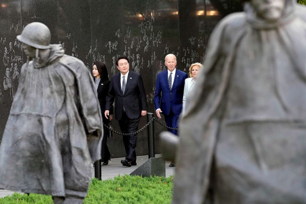 President Joe Biden, first lady Jill Biden, South Korea's President Yoon Suk Yeol and his wife Kim Keon Hee visit the Korean War Veterans Memorial in Washington, April 25, 2023.