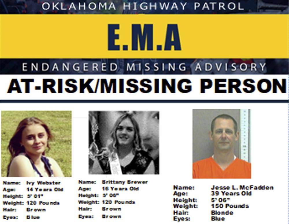 This missing poster provided by the Oklahoma Highway Patrol shows 14-year-old Ivy Webster, left, 16-year-old Brittany Brewer, center, and Jesse McFadden (Oklahoma Highway Patrol via AP)