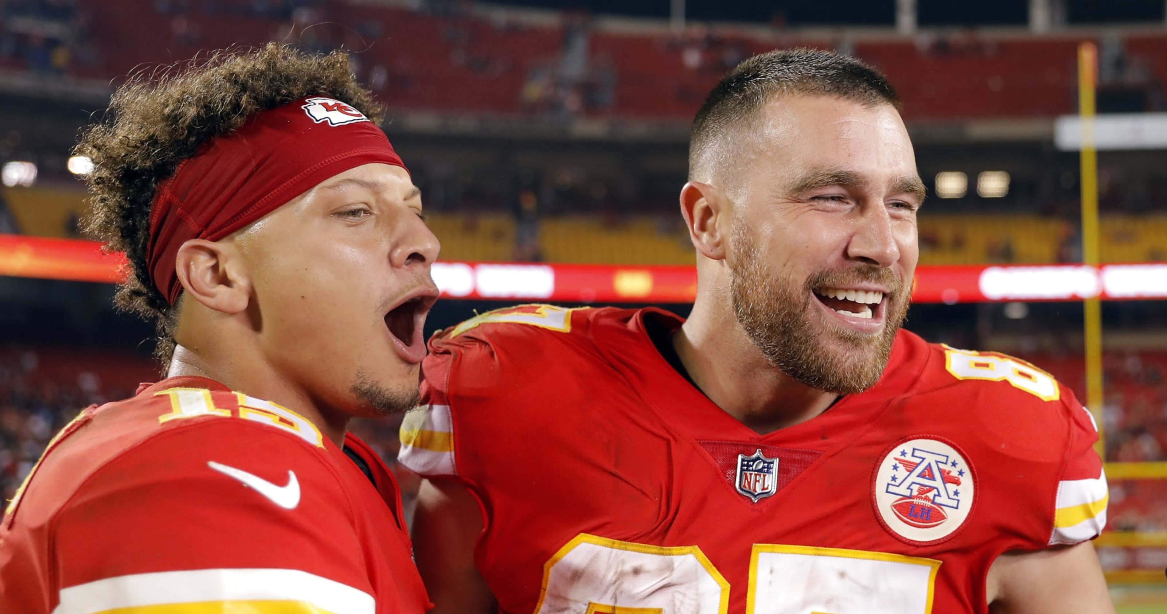 Patrick Mahomes and Travis Kelce react during Capital One's The Match  News Photo - Getty Images