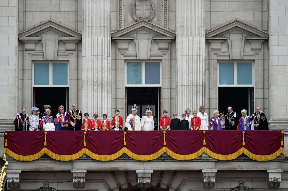 The royals appear on the Buckingham Palace balcony during the Coronation of King Charles III and Queen Camilla on May 6, 2023 in London.