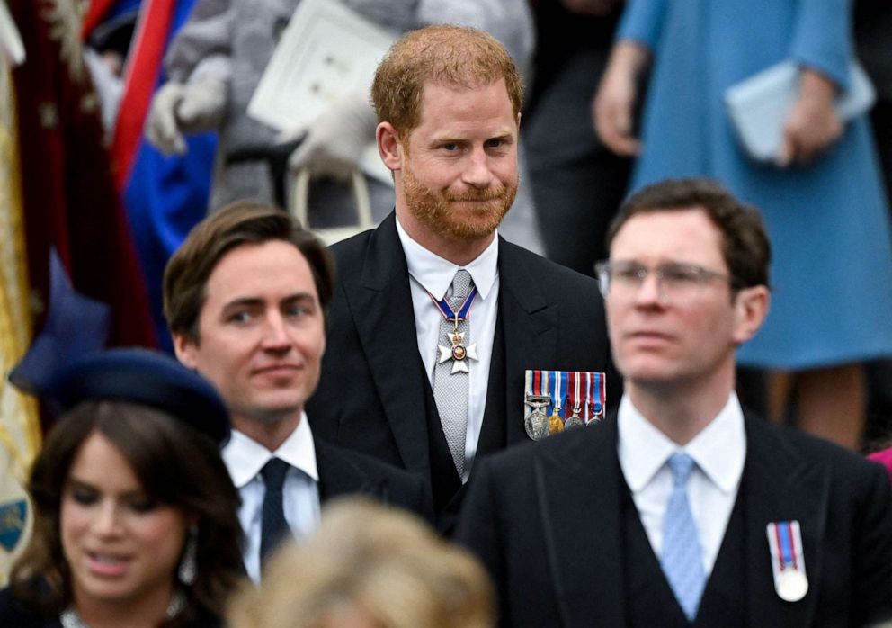 Britain's Prince Harry, Duke of Sussex leaves after attending the coronations of Britain's King Charles III and Britain's Camilla, Queen Consort, at Westminster Abbey in central London on May 6, 2023.