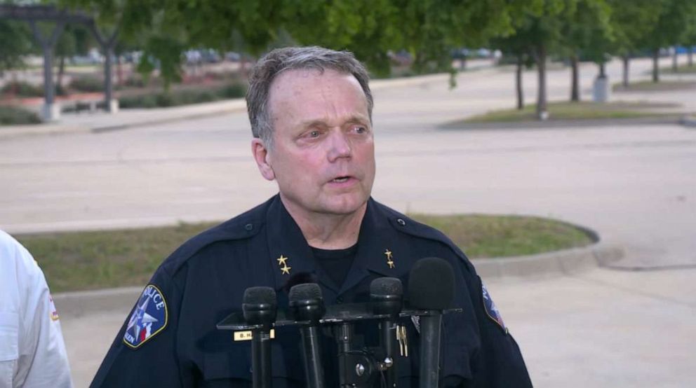 Allen Police Chief Brian Harvey addresses reporters on a mass shooting at the Allen Premium Outlets, May 6, 2023.