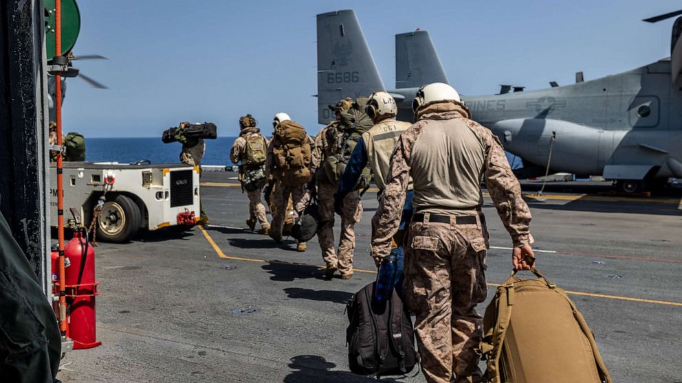 U.S. Marines with the 26th Marine Expeditionary Unit Maritime Special Purpose Force, prepare to depart the USS Bataan in the Mediterranean Sea, July 28, 2023.