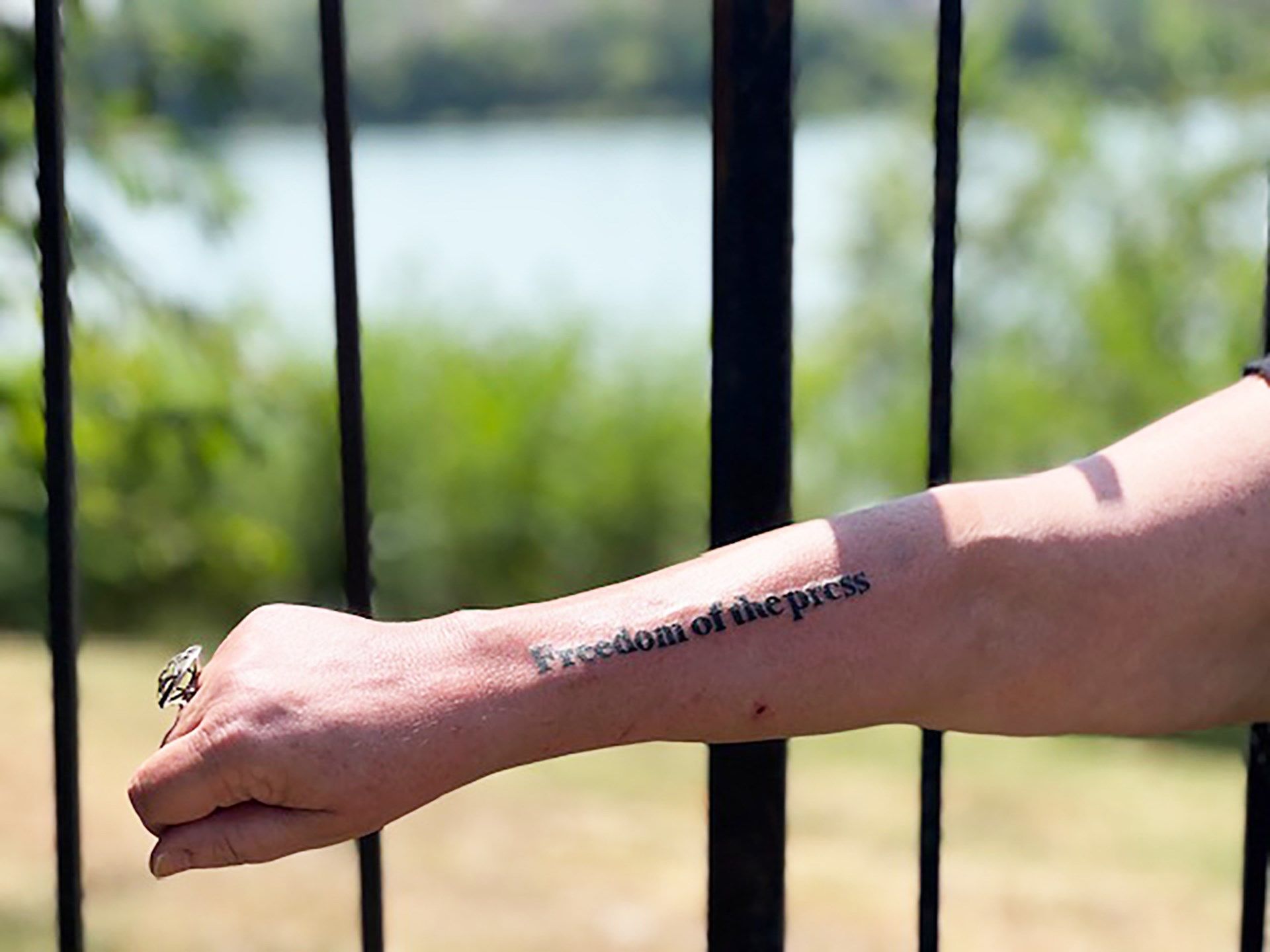 Marion County Record reporter Deb Gruver on Wednesday had the words “freedom of the press” tattooed on her arm.
