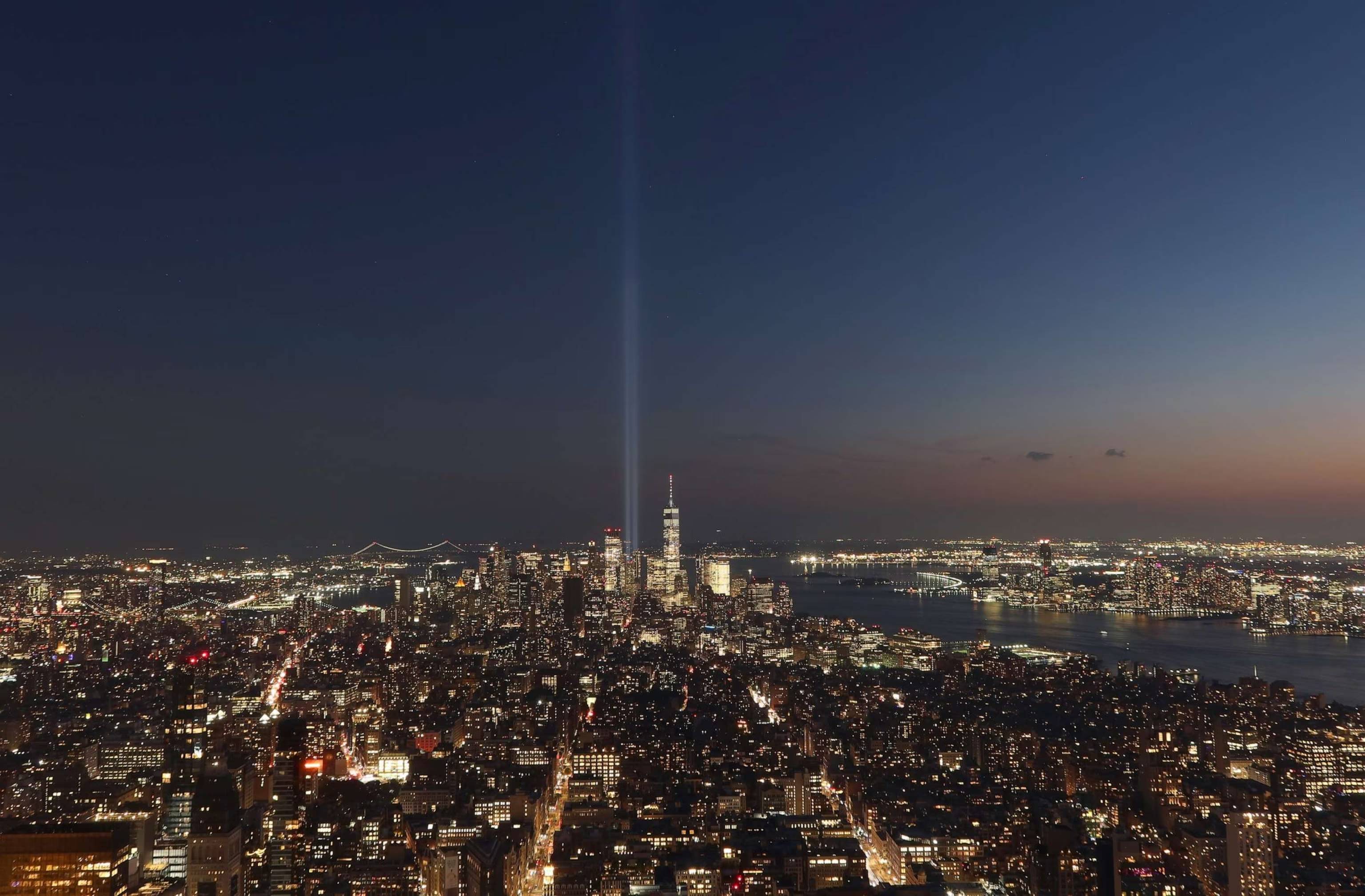 The Tribute in Light is illuminated above lower Manhattan and One World Trade Center as it is configured to mark the 22nd anniversary of the 9/11 attacks, Sept. 6, 2023, in New York City.
