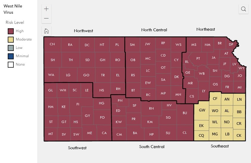 West Nile risk assessment map for Kansas on September 13, 2023. (KDHE)